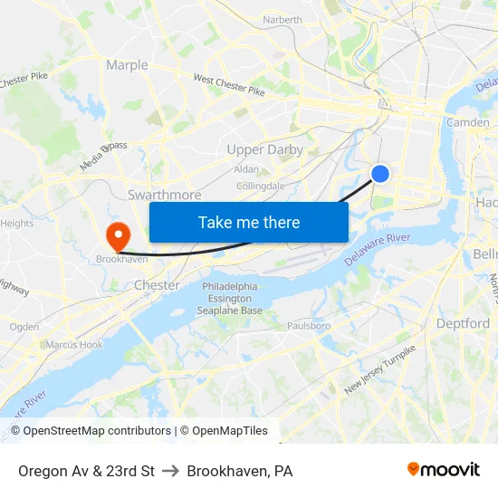 Oregon Av & 23rd St to Brookhaven, PA map
