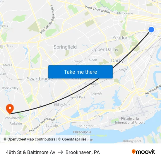 48th St & Baltimore Av to Brookhaven, PA map