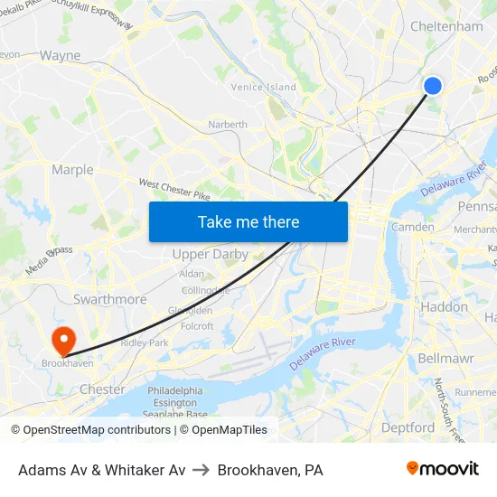 Adams Av & Whitaker Av to Brookhaven, PA map