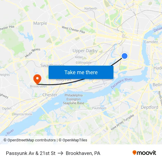Passyunk Av & 21st St to Brookhaven, PA map