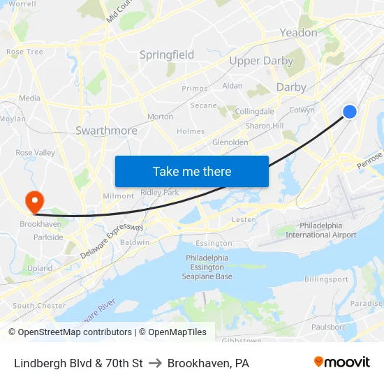 Lindbergh Blvd & 70th St to Brookhaven, PA map