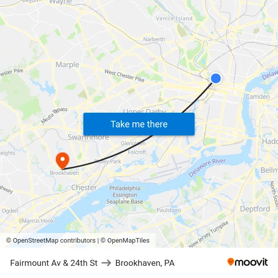 Fairmount Av & 24th St to Brookhaven, PA map