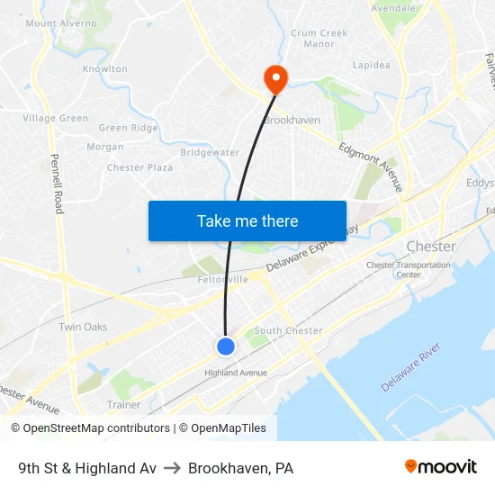 9th St & Highland Av to Brookhaven, PA map
