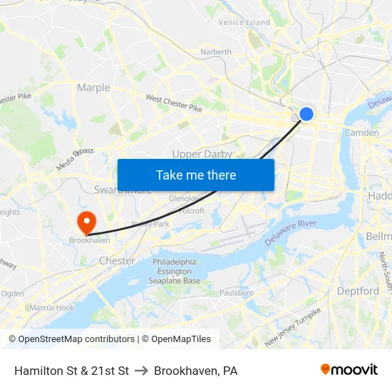 Hamilton St & 21st St to Brookhaven, PA map
