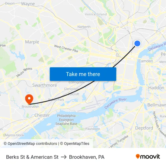 Berks St & American St to Brookhaven, PA map
