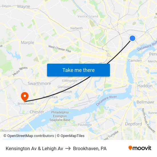 Kensington Av & Lehigh Av to Brookhaven, PA map
