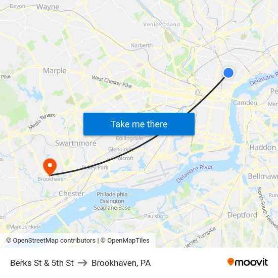 Berks St & 5th St to Brookhaven, PA map