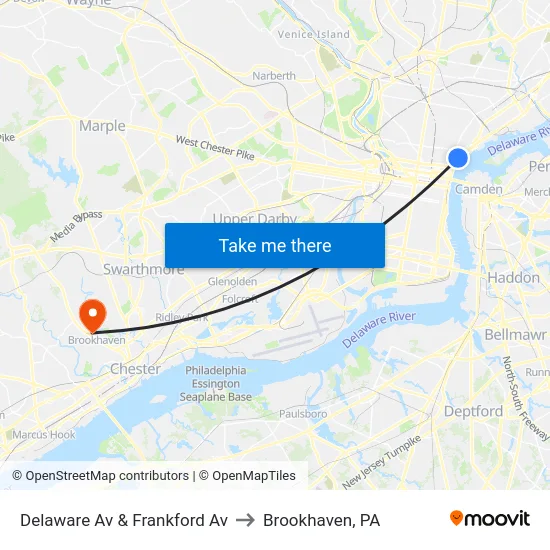 Delaware Av & Frankford Av to Brookhaven, PA map