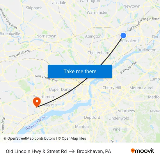 Old Lincoln Hwy & Street Rd to Brookhaven, PA map