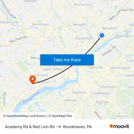 Academy Rd & Red Lion Rd to Brookhaven, PA map