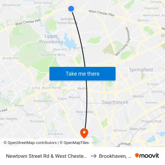 Newtown Street Rd & West Chester Pk to Brookhaven, PA map