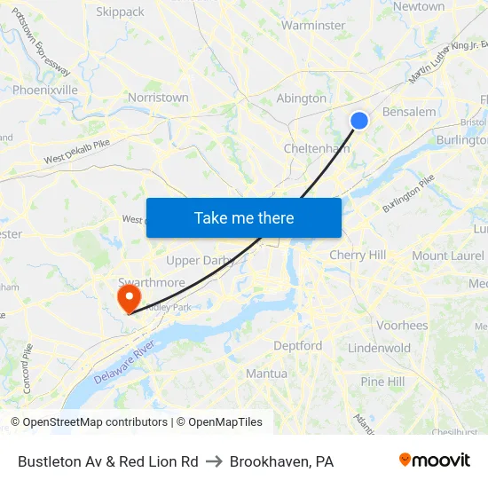 Bustleton Av & Red Lion Rd to Brookhaven, PA map