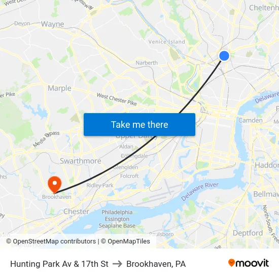 Hunting Park Av & 17th St to Brookhaven, PA map