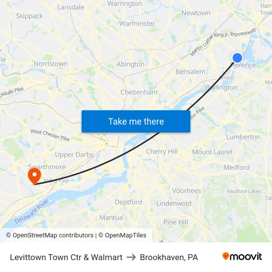Levittown Town Ctr & Walmart to Brookhaven, PA map