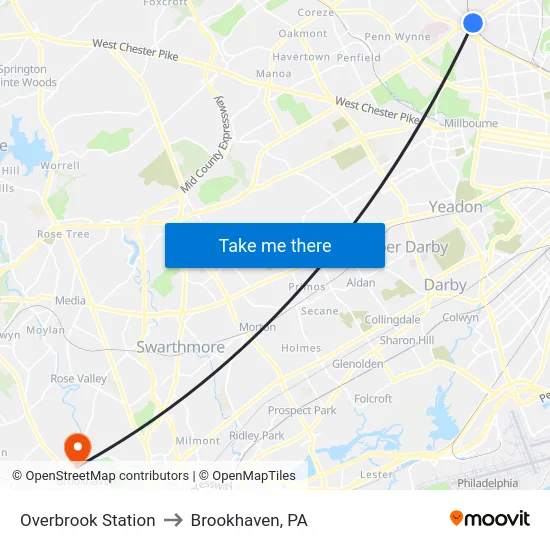 Overbrook Station to Brookhaven, PA map