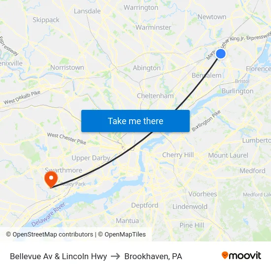 Bellevue Av & Lincoln Hwy to Brookhaven, PA map