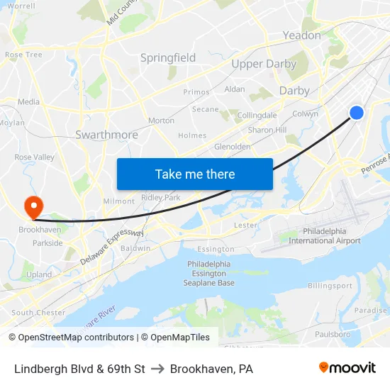 Lindbergh Blvd & 69th St to Brookhaven, PA map