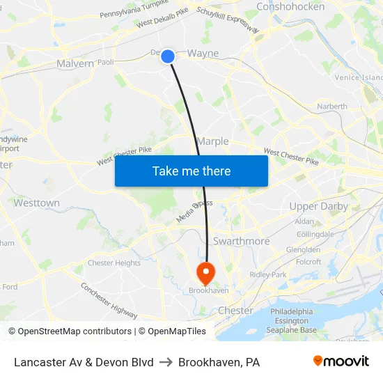 Lancaster Av & Devon Blvd to Brookhaven, PA map