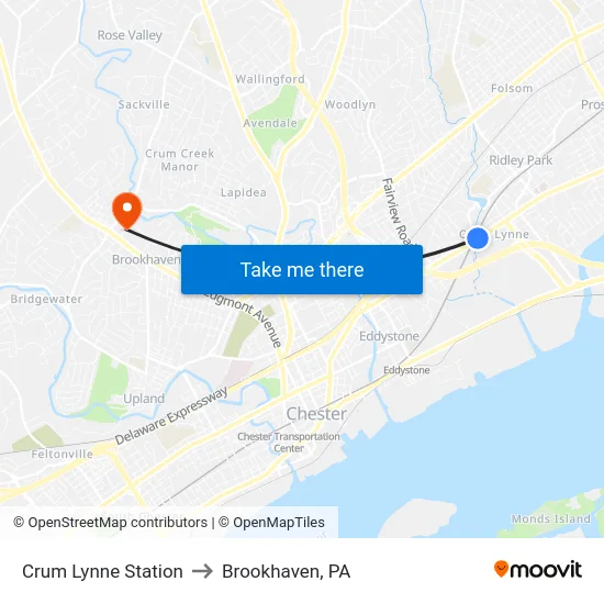 Crum Lynne Station to Brookhaven, PA map