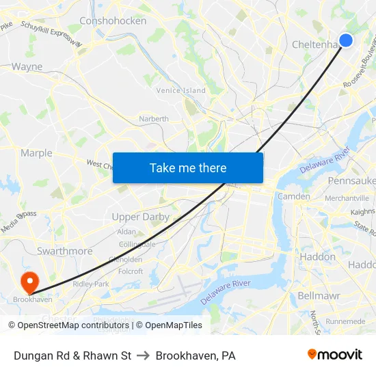 Dungan Rd & Rhawn St to Brookhaven, PA map