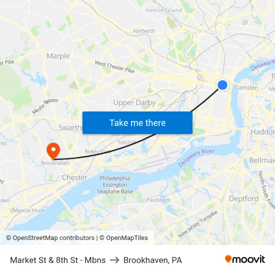 Market St & 8th St - Mbns to Brookhaven, PA map