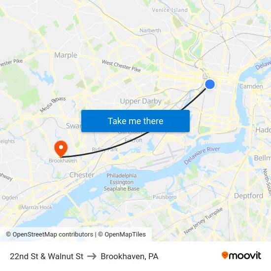 22nd St & Walnut St to Brookhaven, PA map