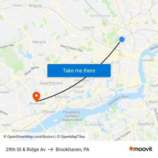 29th St & Ridge Av to Brookhaven, PA map