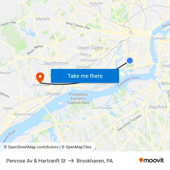 Penrose Av & Hartranft St to Brookhaven, PA map