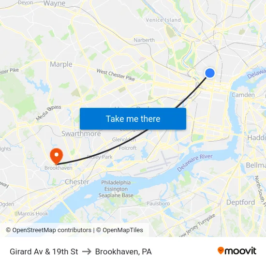 Girard Av & 19th St to Brookhaven, PA map