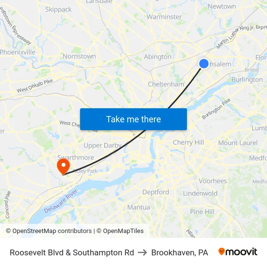 Roosevelt Blvd & Southampton Rd to Brookhaven, PA map