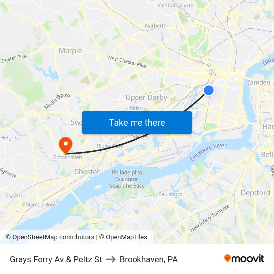 Grays Ferry Av & Peltz St to Brookhaven, PA map