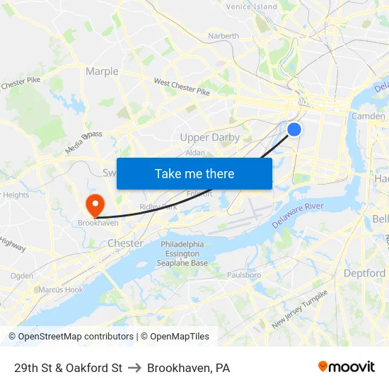 29th St & Oakford St to Brookhaven, PA map