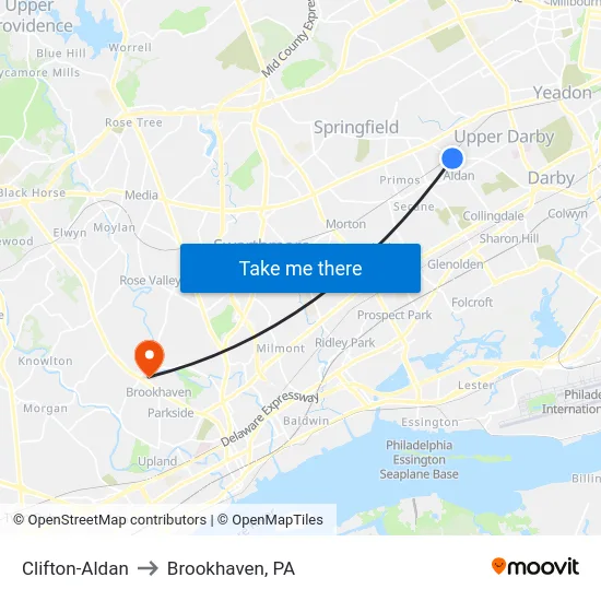Clifton-Aldan to Brookhaven, PA map