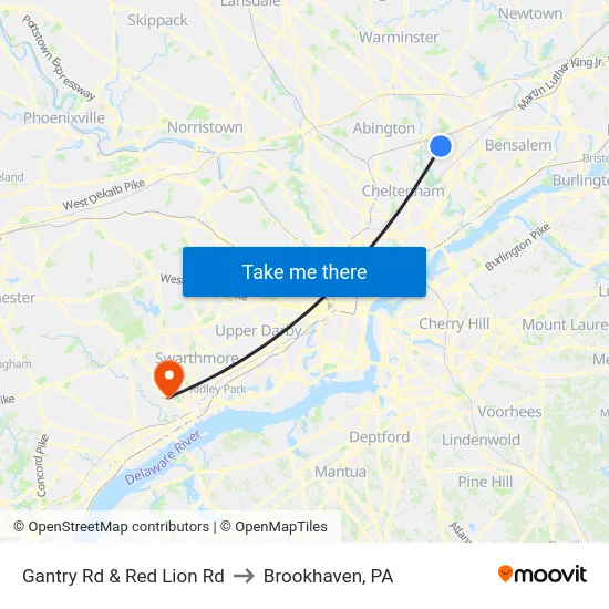 Gantry Rd & Red Lion Rd to Brookhaven, PA map