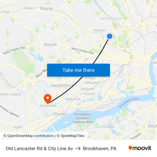 Old Lancaster Rd & City Line Av to Brookhaven, PA map
