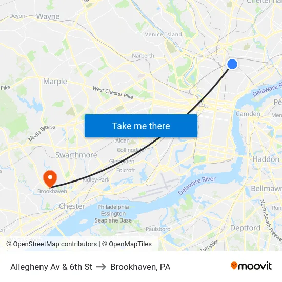 Allegheny Av & 6th St to Brookhaven, PA map