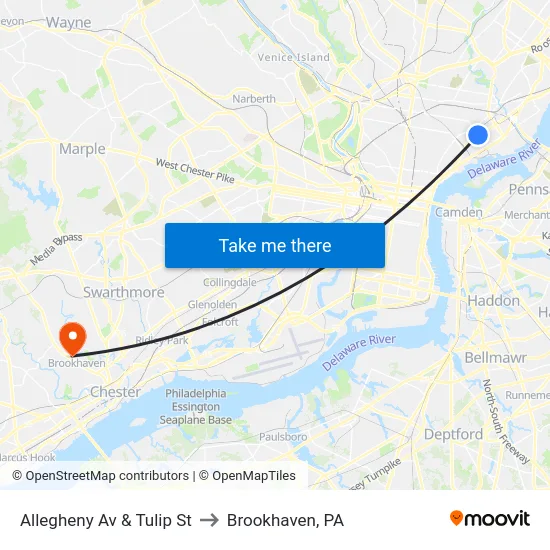 Allegheny Av & Tulip St to Brookhaven, PA map
