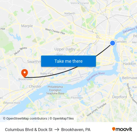 Columbus Blvd & Dock St to Brookhaven, PA map