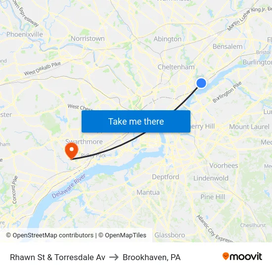 Rhawn St & Torresdale Av to Brookhaven, PA map