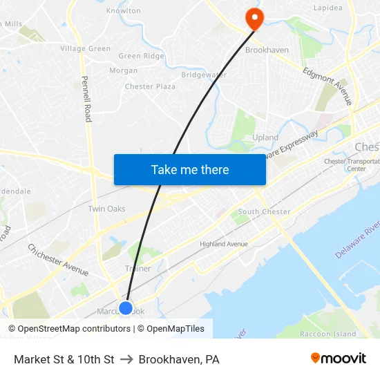 Market St & 10th St to Brookhaven, PA map