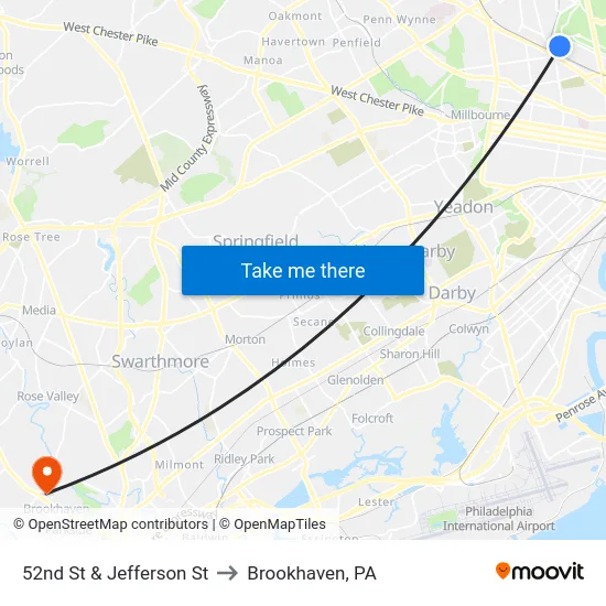 52nd St & Jefferson St to Brookhaven, PA map
