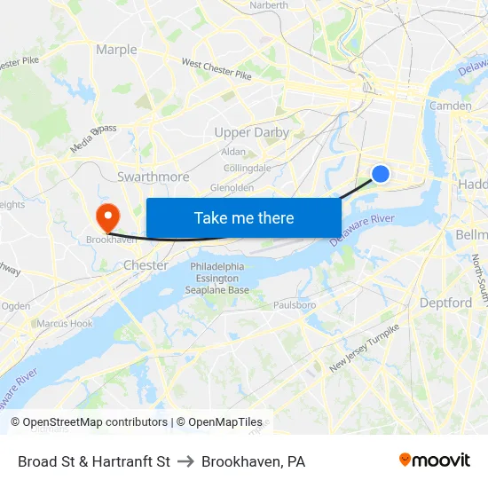 Broad St & Hartranft St to Brookhaven, PA map