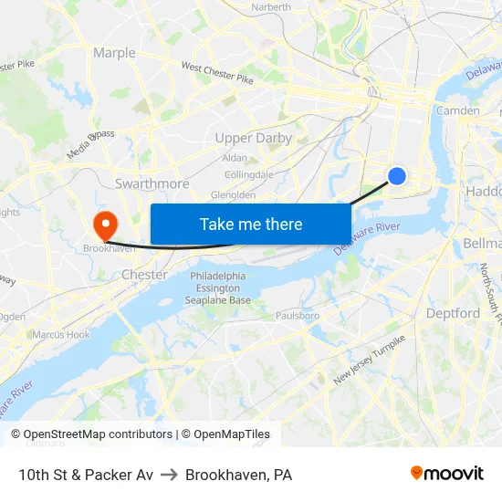 10th St & Packer Av to Brookhaven, PA map