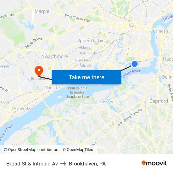 Broad St & Intrepid Av to Brookhaven, PA map