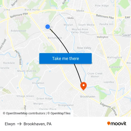 Elwyn to Brookhaven, PA map