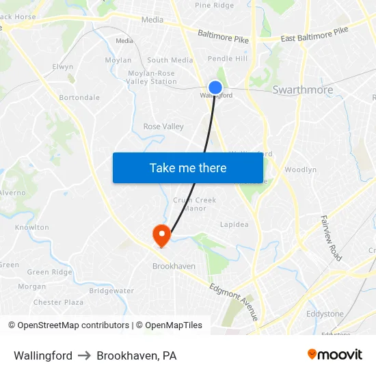 Wallingford to Brookhaven, PA map