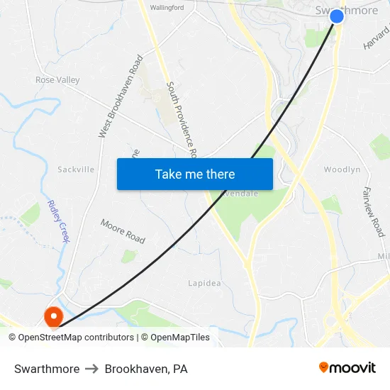 Swarthmore to Brookhaven, PA map
