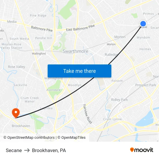 Secane to Brookhaven, PA map