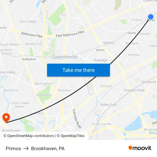 Primos to Brookhaven, PA map