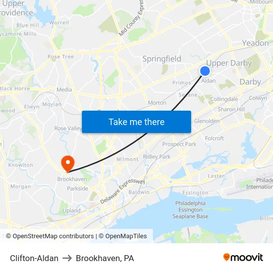Clifton-Aldan to Brookhaven, PA map